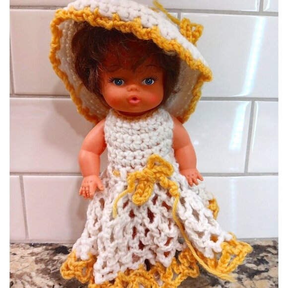 Vtg HONG KONG Blonde Doll in Red Crochet Dress w Hat White And Yellow - Picture 1 of 11